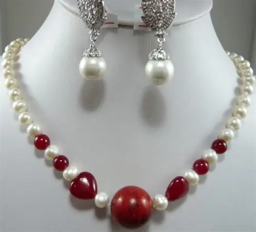 White pearl&amp Ruby Necklace Shell Earring Set (A0423) | Украшения и аксессуары
