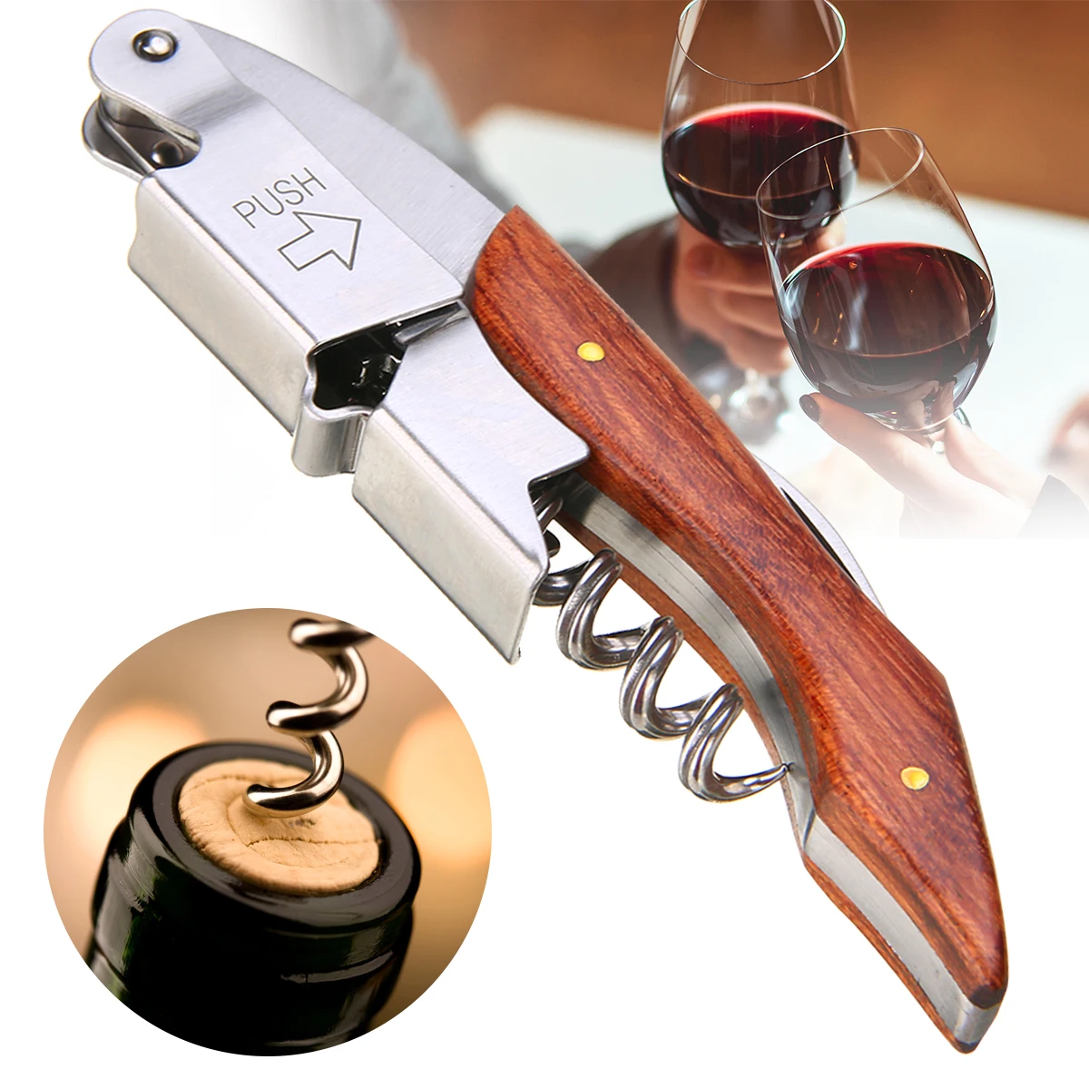 

Multifunction Screw Corkscrew with Wood Handle Professional Wine Opener Kitchen Tool Wine Bottle Opener with Foil Cutter