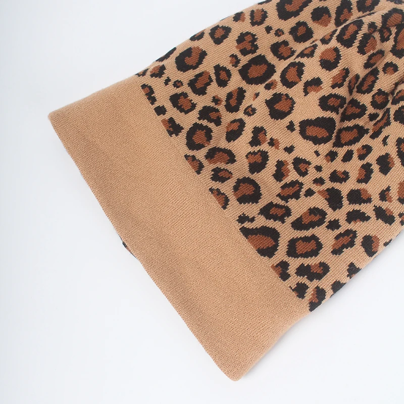 

ROSELUOSI Autumn Winter Fashion Leopard Beanies Hat For Women Double Layer Thick Warm Knitted Hats Bone Female