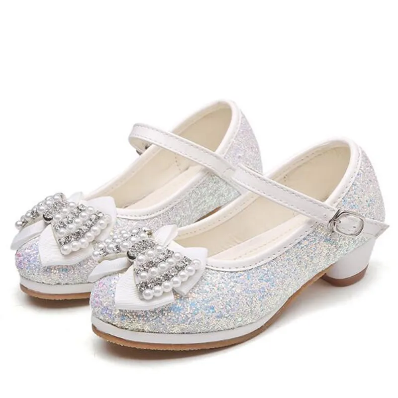 

New Spring/Autumn Girls Shoes Princess Butterfly-knot Bling High-heeled Shoes Children Party Dance Dress Kids Leather Shoes 04
