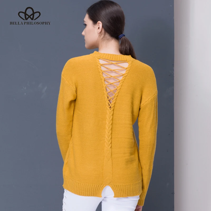 Женский свитер Bella Philosophy серый желтый хаки Повседневный на шнуровке сзади с