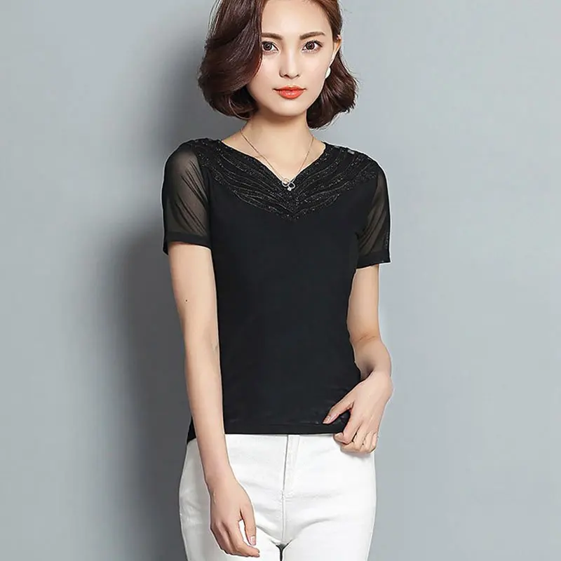 Blusas Femininas 2017 Лето Женщины Блузки Алмаз V-образным Вырезом С Коротким Рукавом