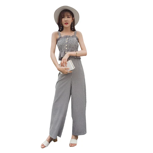 

Korean Brief Sleeveless Strapless 2 Pcs Set Fashion Chic High Waist Striped Wide Leg Pants Strapless Loose Two Piece Set