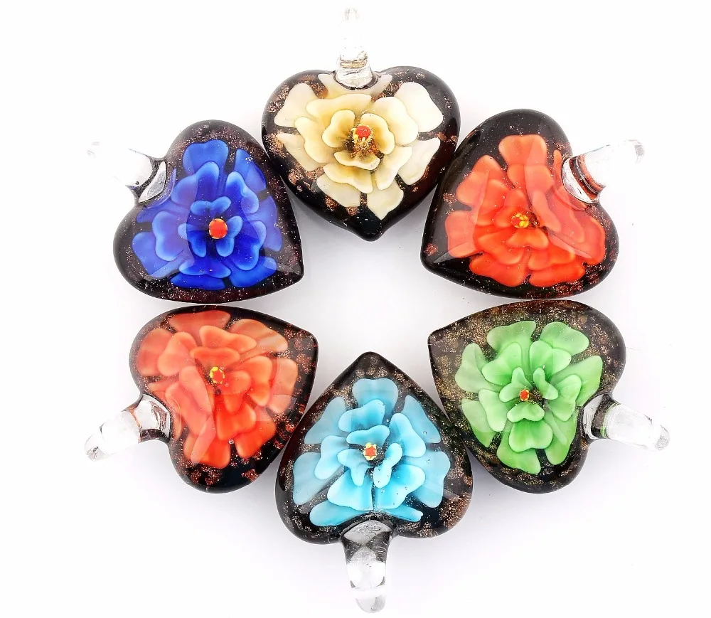 

QianBei Wholesale 6pcs Mix Color Heart Peach Flower Pendant Fit Necklace Handmade Murano Lampwork Glass Women