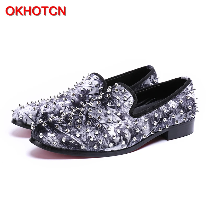 

OKHOTCN Personality Graffiti genuine leather man's casual shoes leisure loafers Rivet decoration daily comfortable cool shoes