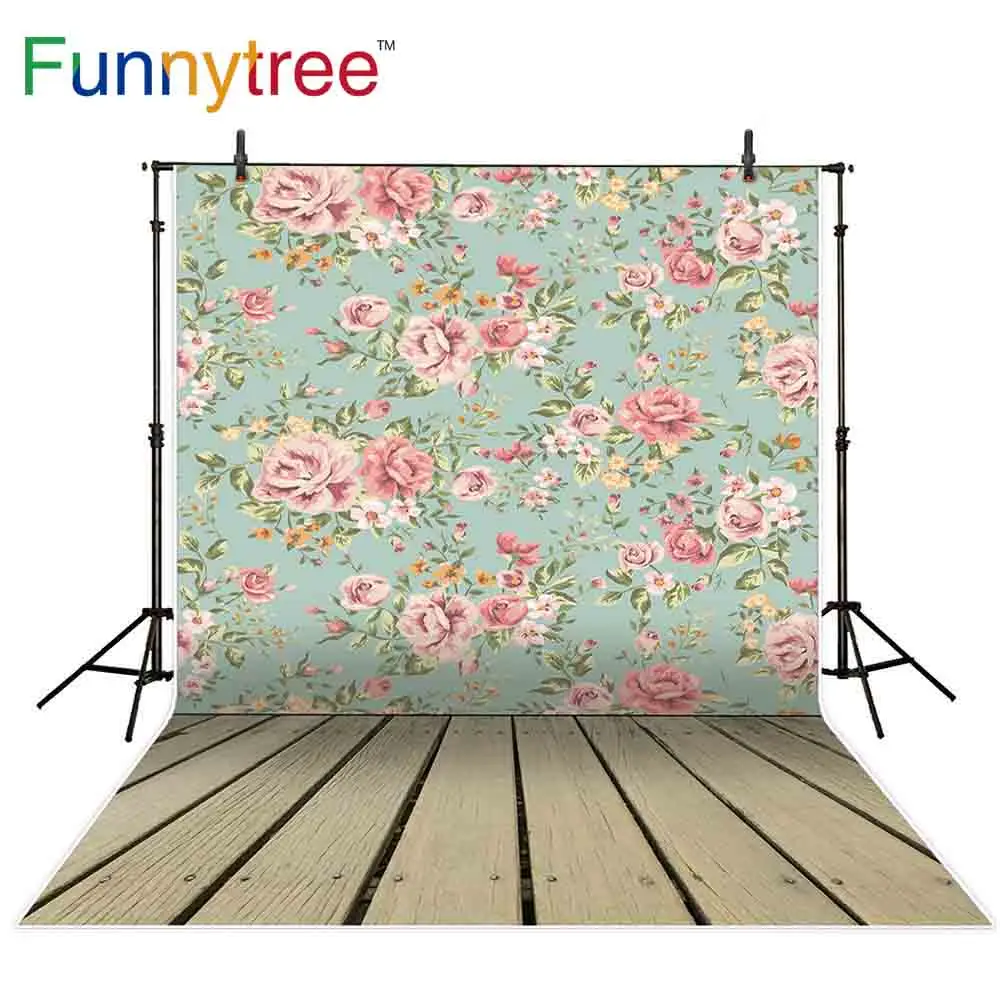Фон Funnytree для фотостудии повторяющиеся цветы синяя стена деревянные