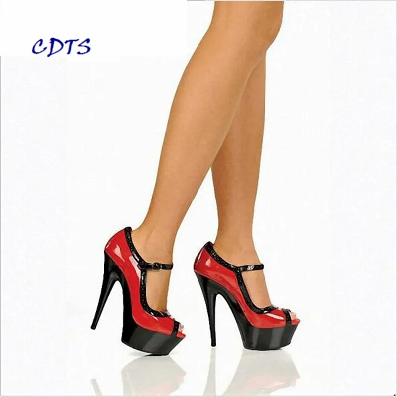 

CDTS Plus:35-45 46 Spring/Autumn Zapatos Mujer Peep Toe Color Matching 15cm Thin Heels Platform Buckle Shoes Women Wedding Pumps