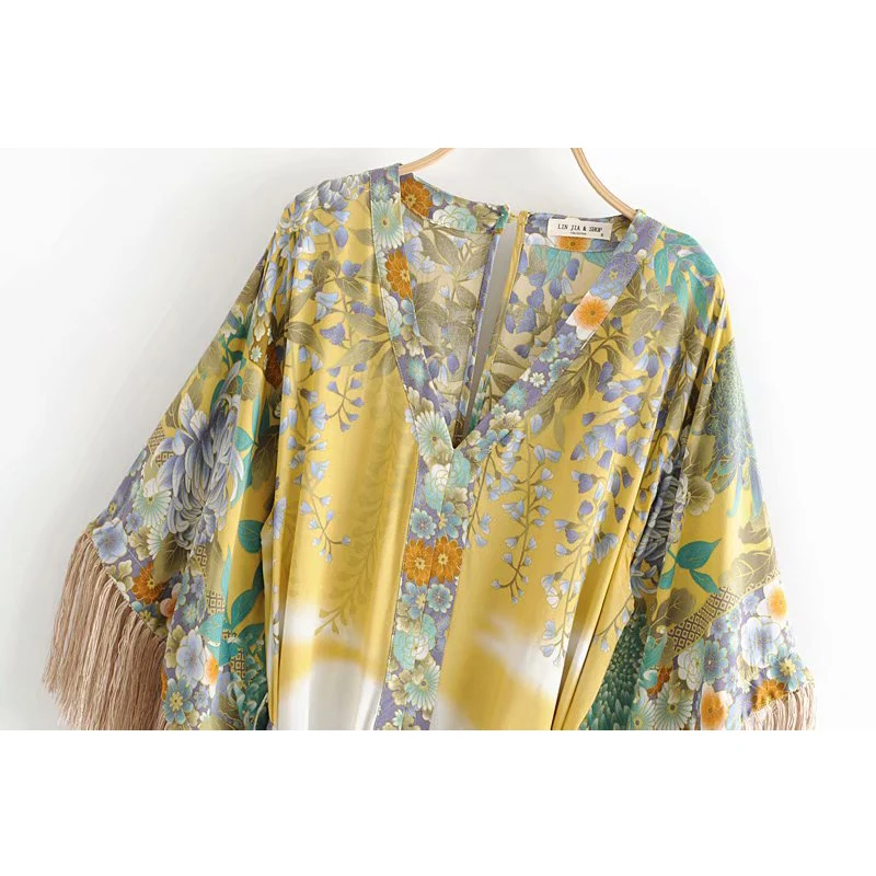 Linjiashop Boho Летнее платье Для женщин прямые кимоно кисточкой с расклешенными рукавами Природные Талия V Шеи женское платье роковой блогер