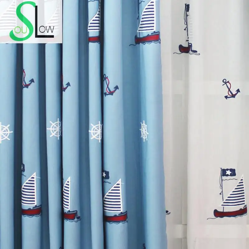 Хлопковые шторы Slow Soul с вышивкой рисунком озера голубого цвета для детской