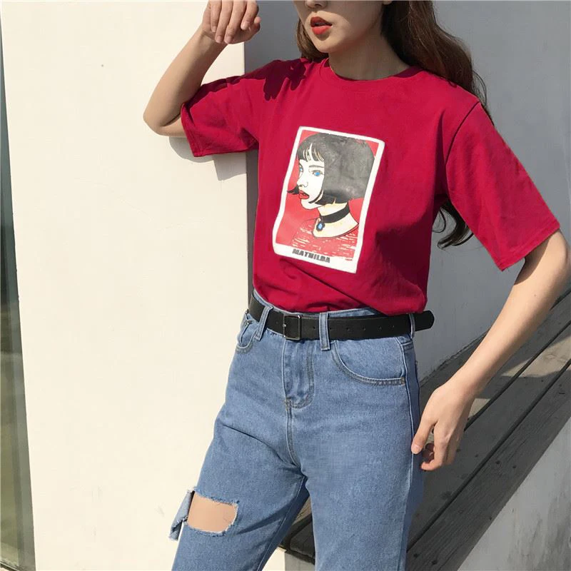 Kawii милый Mathilda Leon Профессиональный Весна и Лето Южная Корея ulzzang Harajuku стиль голова портрет свободная футболка femal