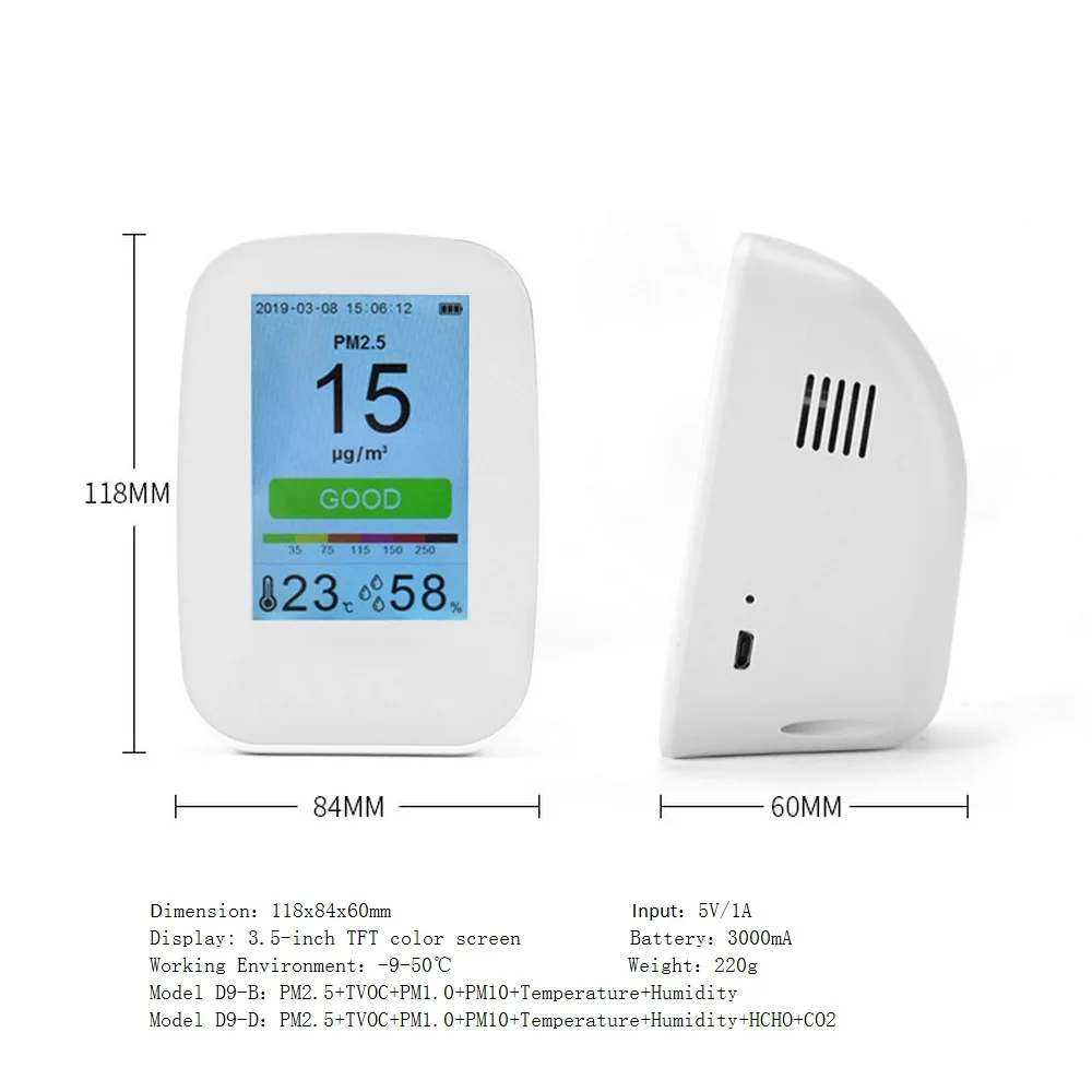 

CO2 HCHO PM2.5 TVOC Detector Multifunctional Formaldeyde Carbon Dioxide Gas Detector PM 2.5 Tester Air Quality Analyzer