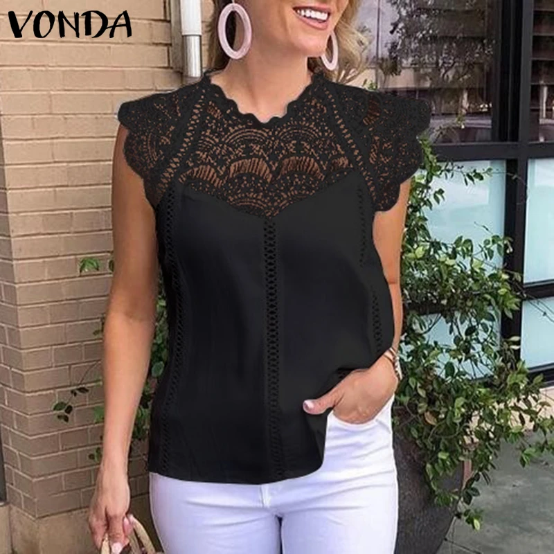 VONDA 2021 женская блузка Туника пикантная кружевная рубашка без рукавов Офисная