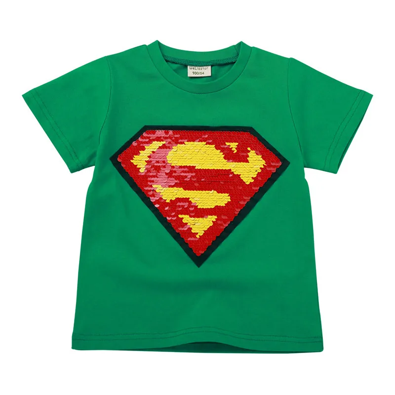 Green Superman Детские крутые футболки с супергероями доступны для мальчиков и девочек, с двусторонними блестками, с изображением Человека-паука, Железного человека, топы, детские футболки - Цвет: Green Superman