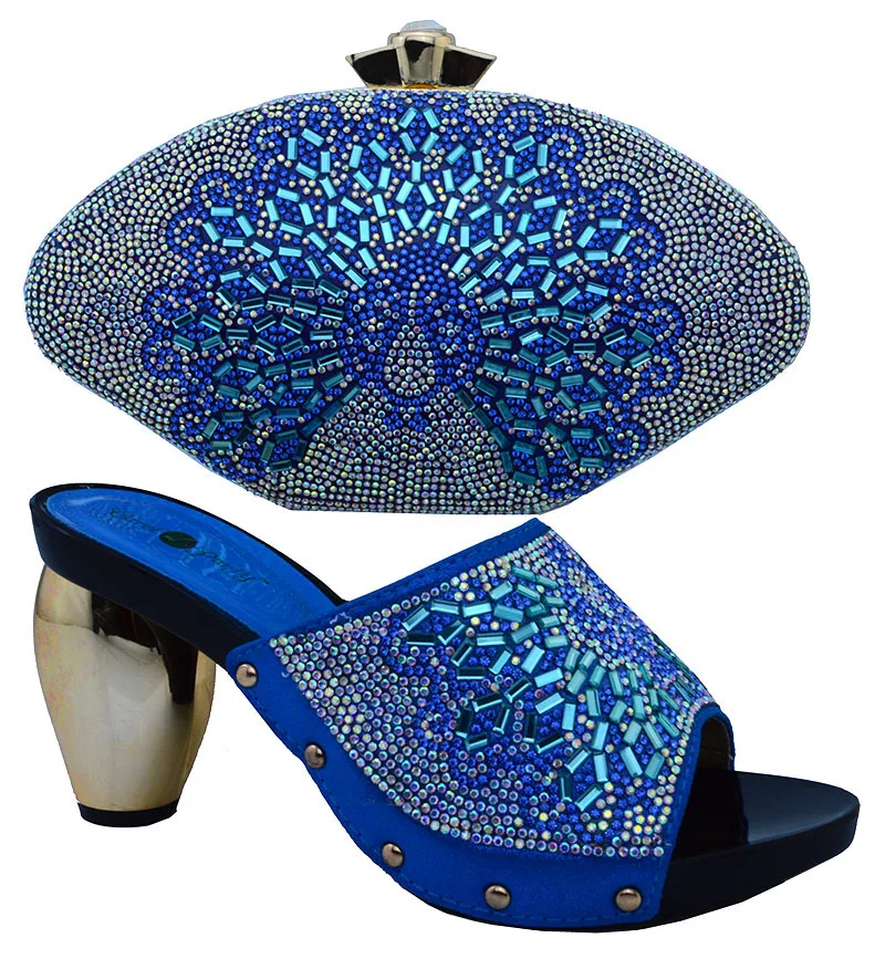 Королевский синий доступны мода 7.5 см высокие каблуки и рук сумку с кристаллом