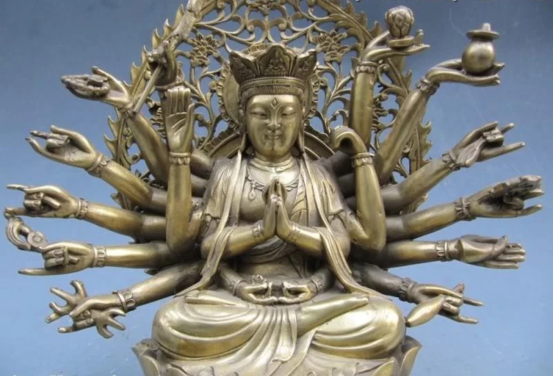 Тибетский ремесленник из чистой латуни 18 рук Avalokitesvara Kwan-Yin Будда | Дом и сад