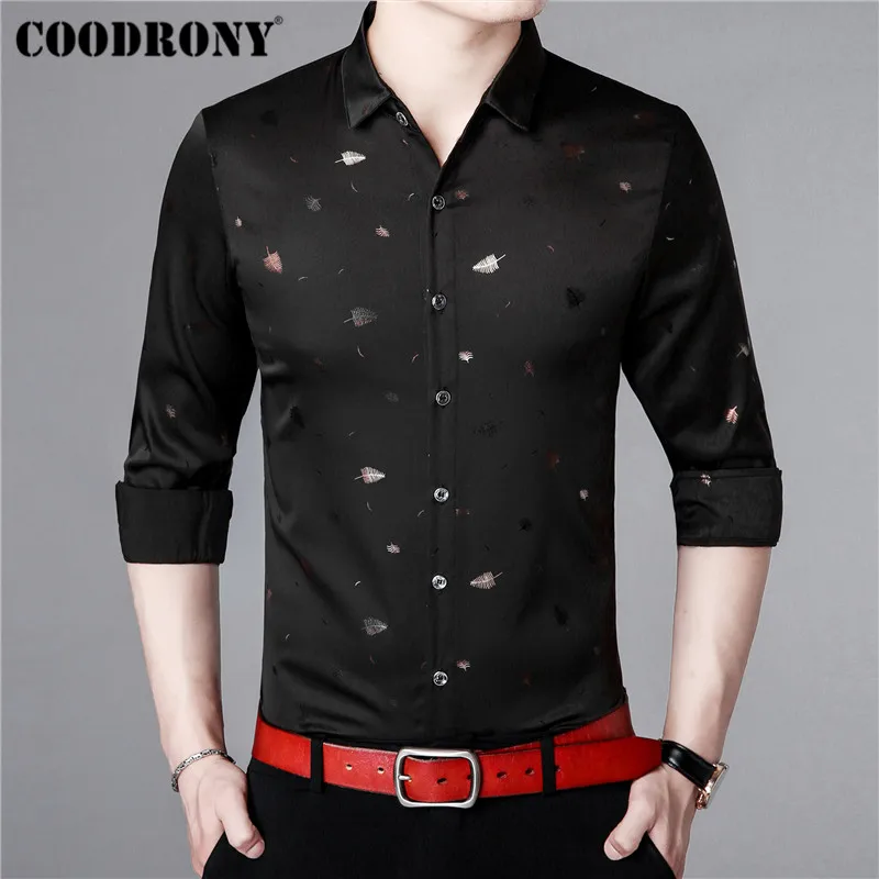 Черный COODRONY, мужская рубашка, осень, Бизнес Стиль, повседневные рубашки, длинный рукав, хлопок, рубашка для мужчин, уличная мода, рубашка с цветочным принтом, Masculina 96013 - Цвет: Черный