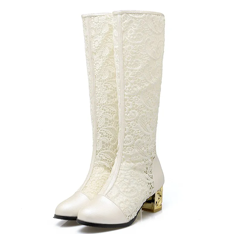 Beige ORCHA LISA/ г., весенне-летние сапоги женские сапоги до колена на среднем каблуке женские сапоги на шнуровке с цветочным узором пикантные белые сапоги на молнии с блестками - Цвет: Beige