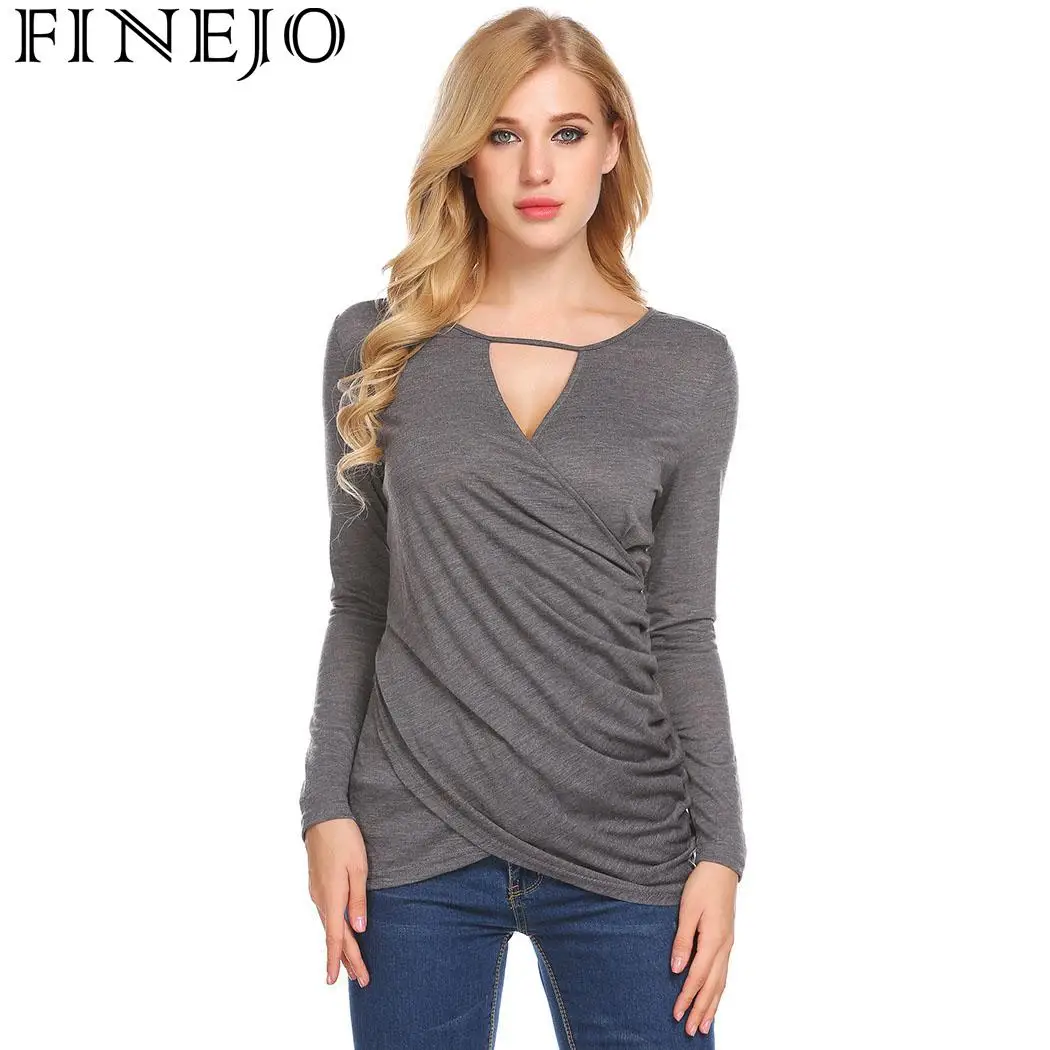 FINEJO Осенняя футболка женская с длинным рукавом v образным вырезом однотонная