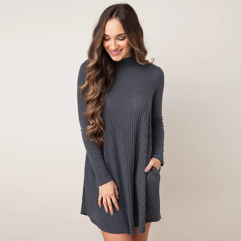 

Hot Sale High Quality S-XL 2020 Autumn/Winter Long Sleeve Loose Large Size Solid O-neck Jumper Pocket Women Sweater Dress