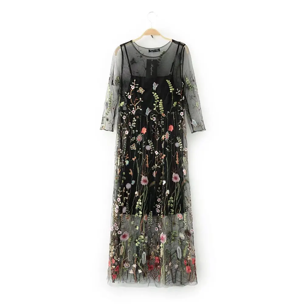 2017 женщин вскользь цветочный вышивка voile dress сексуальная перспектива black sheer summer