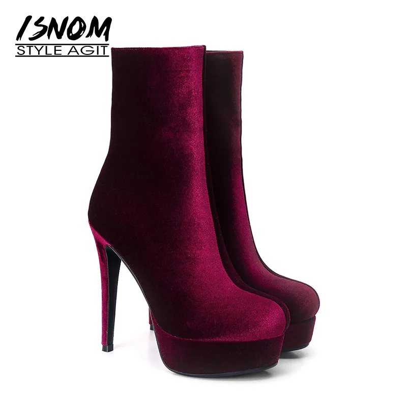 Фото Женские ботильоны на шпильках ISNOM модная обувь с круглым носком флоковые ботинки