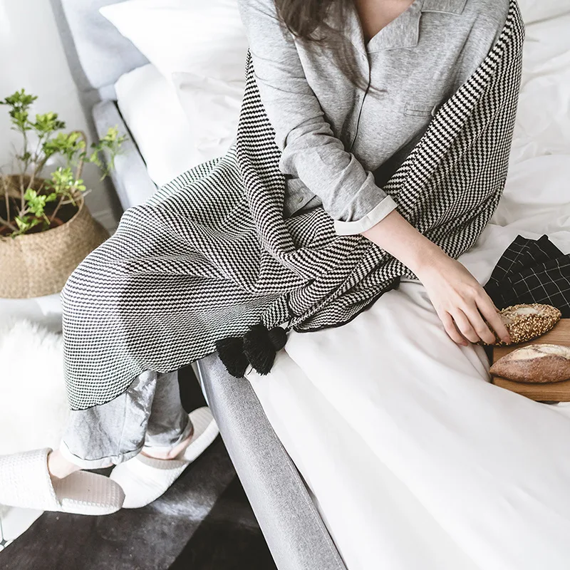 Бесплатная доставка 100% Хлопковые вязаные жаккардовые одеяла геометрический
