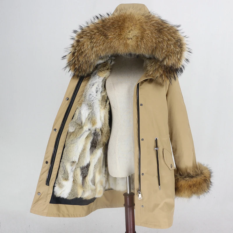 brown natural OFTBUY Long Waterproof Parka Real Fur Coat Natural Fur Collar Hood Winter Jacket Women Rabbit Fur Liner Thick Warm Detachable - Цвет: brown natural