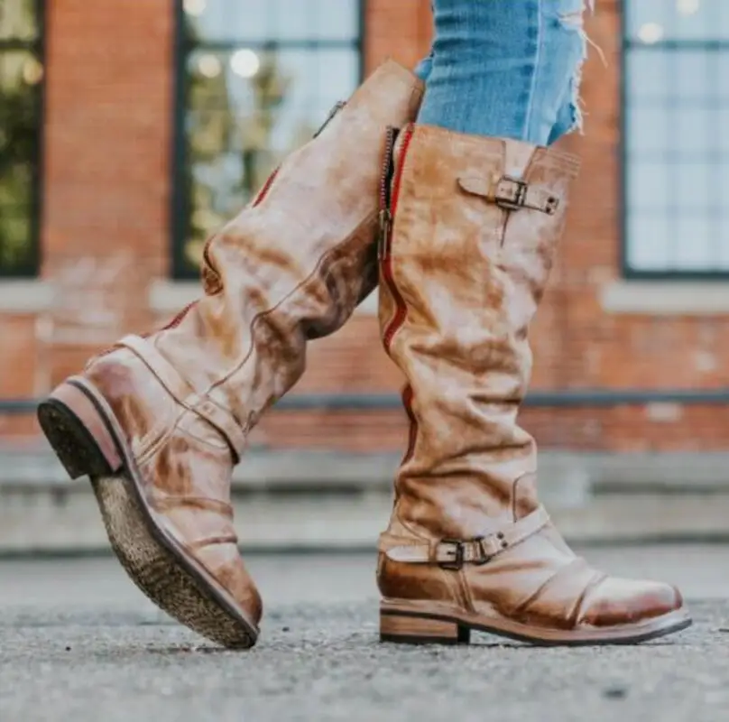 Женские сапоги до колена chaussure массивный низкий каблук Женская обувь с ремешками