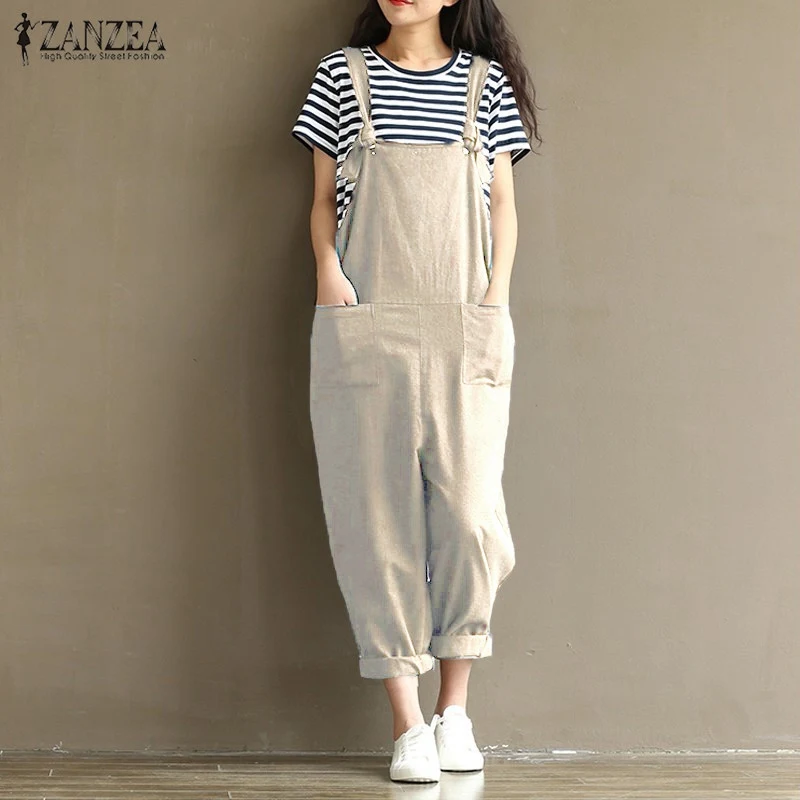 

2021 Summer Autumn ZANZEA Rompers Womens Jumpsuits Vintage Sleeveless Backless Casual Loose Solid Overalls Strapless Paysuits