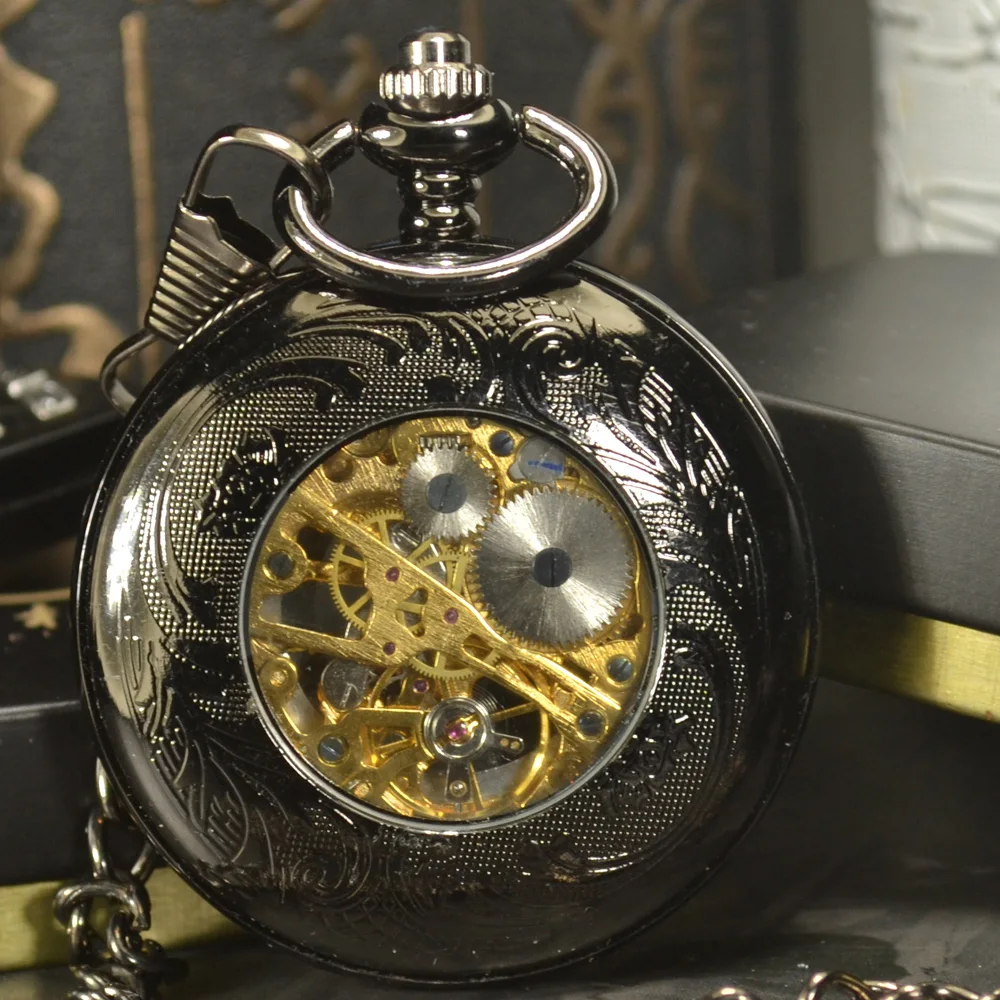 Роскошные черные Ретро антикварные Механические карманные часы-скелетоны