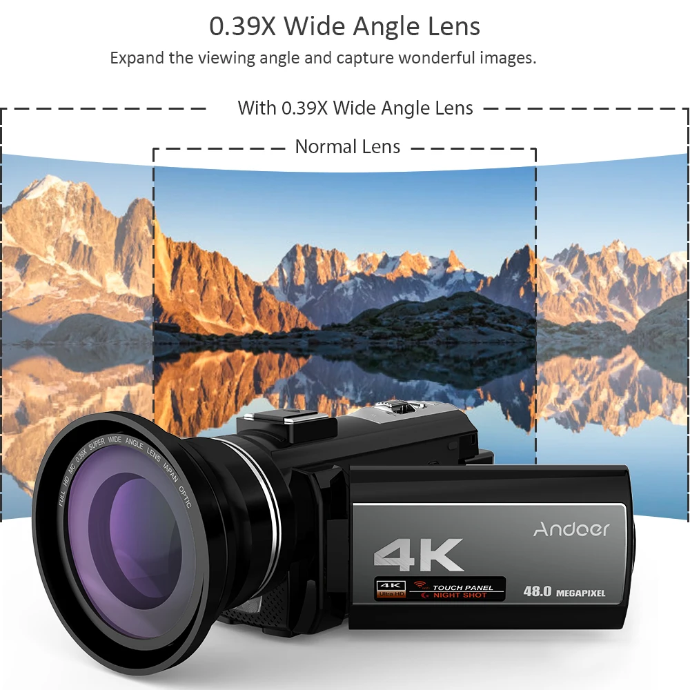 Andoer портативная 4K 48MP WiFi цифровая видеокамера с 0.39X широкоугольным объективом 3 0