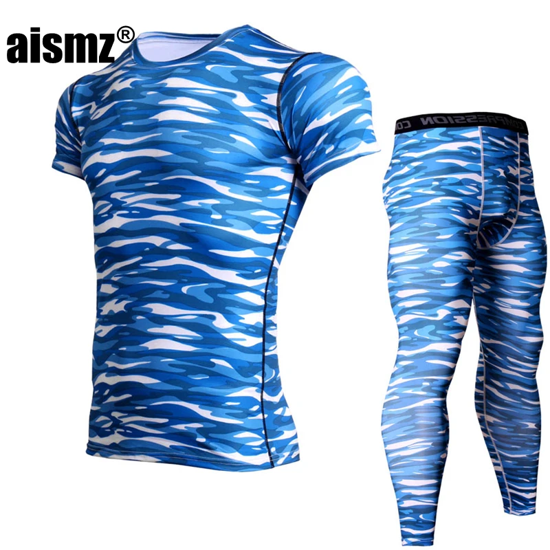 

Aismz men summer tracksuit set Black camouflage bodybuilding gyms male sportswear compression fitness mma rashguard sweatshirt