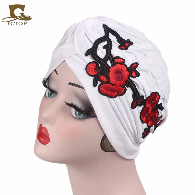 

New fashion Stretchy vintage flower embroidery Turban Head Wrap Band Sleep Hat Women India Caps Scarf Hat Ear Cap turbante