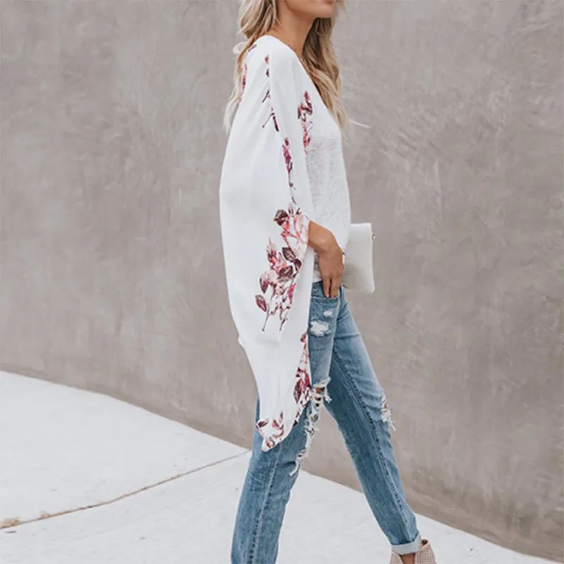 Женская блузка длинная свободная с длинным рукавом из шифона цветочным принтом