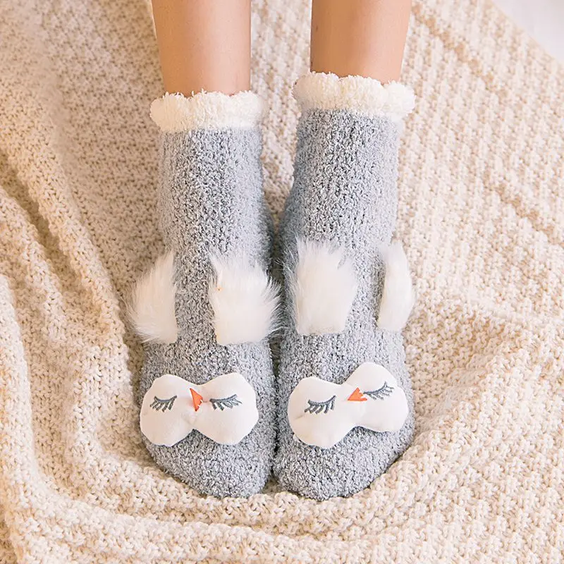 1 пара Harajuku забавное носки с животными зимние Бархатные Теплые мягкие домашние носки-тапочки Kawaii Девочки Женские кролик сова Пушистые Носки для сна - Цвет: 1174GY2