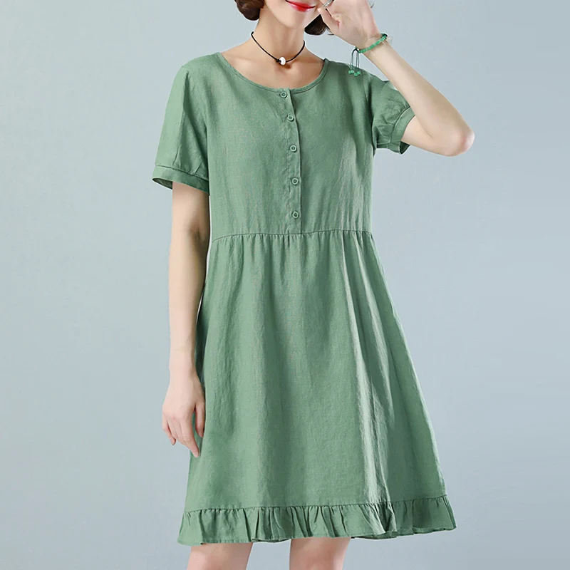 

Linen Short sleeve dress women 2019 Summer Loose Cotton and Linen A-Line dress Casual O-Neck Pockets Knee-Length dress women