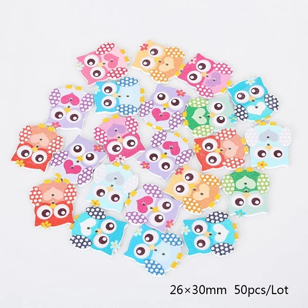 26X30mm 50 шт Случайные смешанные деревянные кнопки в виде совы с двумя отверстиями для шитья скрапбукинга для рукоделия домашнего декора тканевые аксессуары DIY - Цвет: 26X30mm
