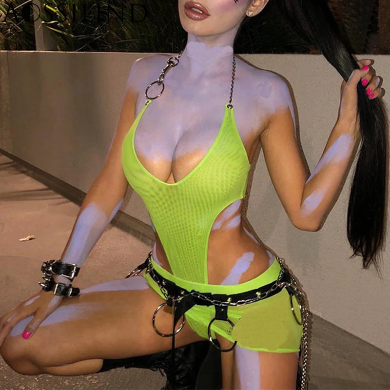 Женское боди с металлической цепочкой AOSSILIND прозрачное Сетчатое Боди без рукавов