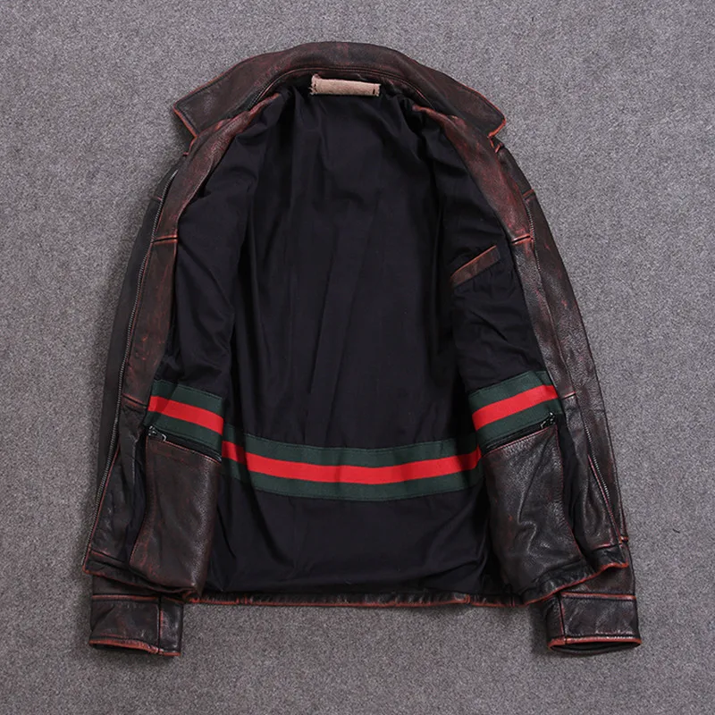 FREE SHIPPING 2019 Genuine Cowhide Autumn Leather Coat Vintage Red Brown Men American Casual Style Jacket Plus Size 5XL | Мужская одежда