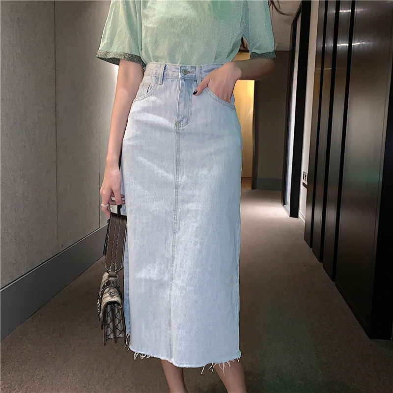 2019 женская синяя джинсовая юбка с высокой талией разрезом для женщин летние