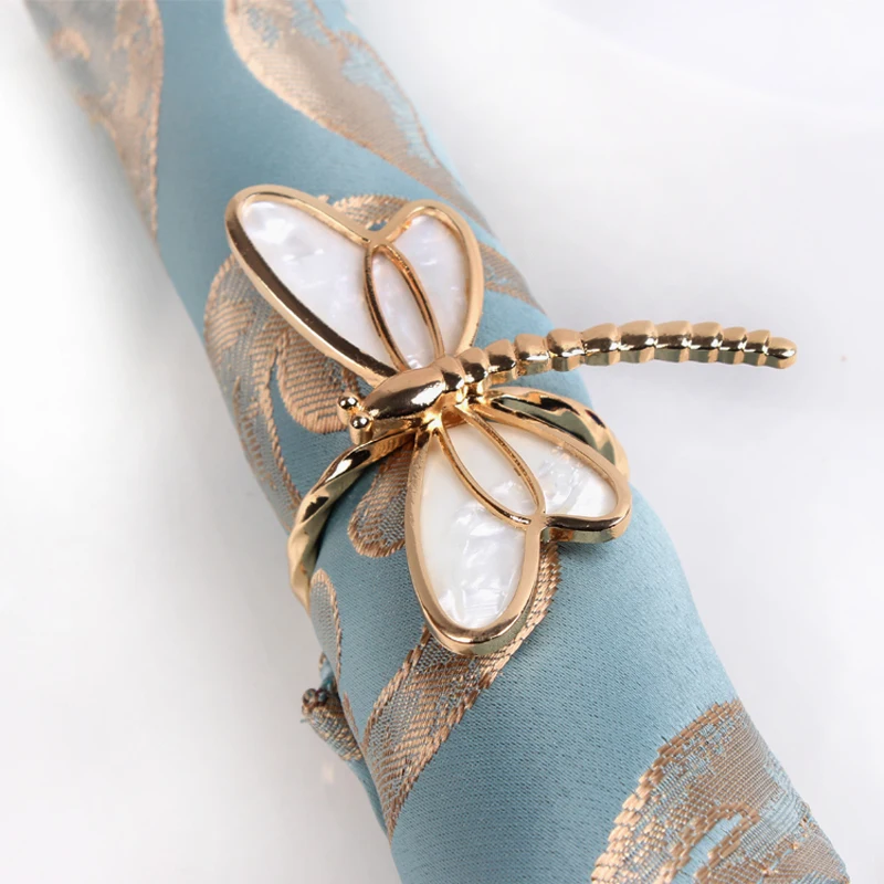 Shiny Gold Plated Seashell with Clear Crystal Stones Jeweled Dragonfly Design Metal Alloy Napkin Rings Set of 6 Pieces | Дом и сад