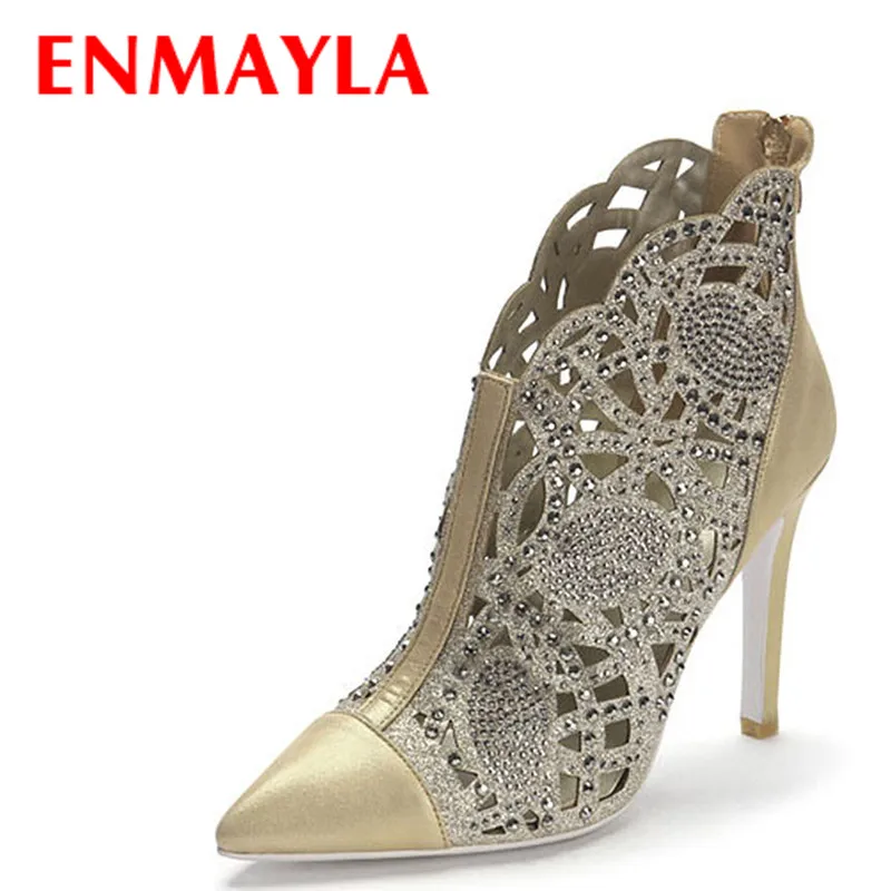

ENMAYLA Women Summer Cut-out Ankle Boots Gold Silver Colors Sexy Rhinestones Pointed Toe High Heels Shoes Women Thin Heels Pumps