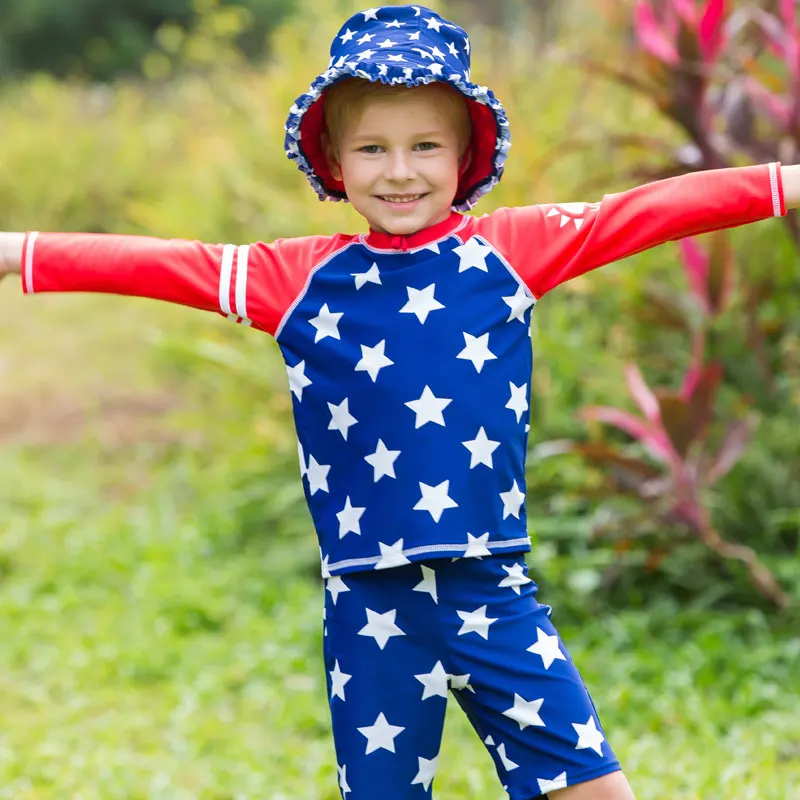 Vivo-Biniya Boys Rash Guard Swimsuit UV Protect Shirts Rashguard Tops+Trunks+Cap UPF 50+Blue Star Print Swimming Suit Kids |