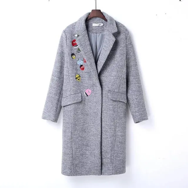 Женское однобортное шерстяное пальто с отложным воротником и вышивкой|embroidery