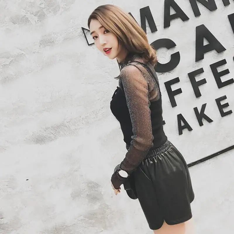 Женские черные шорты из искусственной кожи новинка сезона весна осень 2019