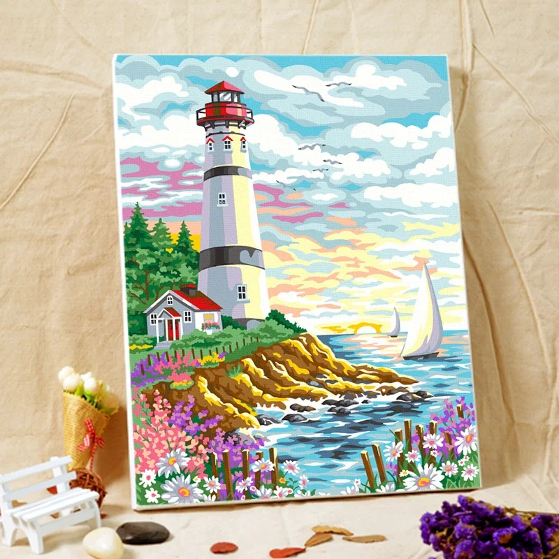 Оформлена DIY картина маслом по номерам ручной росписью Маяк на рассвете Гостиная