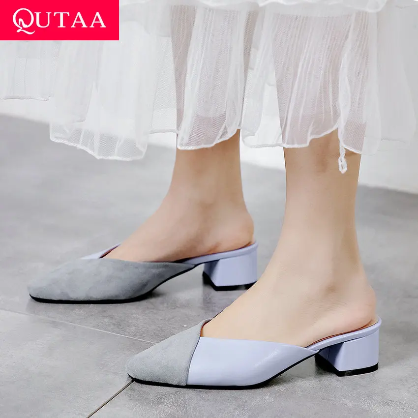 QUTAA/ женские сандалии из флока+ из искусственной кожи на среднем квадратном каблуке с круглым открытым носком с петлей на пятке на нескользящей подошве Для женщин женские туфли-лодочки летние Размеры 34–43