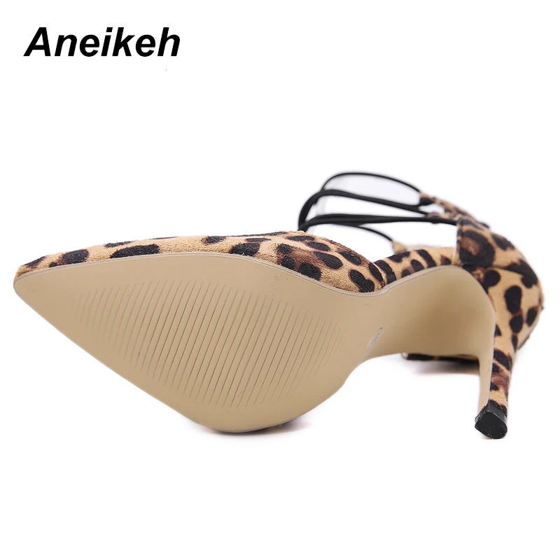 Aneikeh/женские популярные пикантные леопардовые замшевые туфли-лодочки с острым носком; туфли на шпильке с закрытым вырезом и шнуровкой