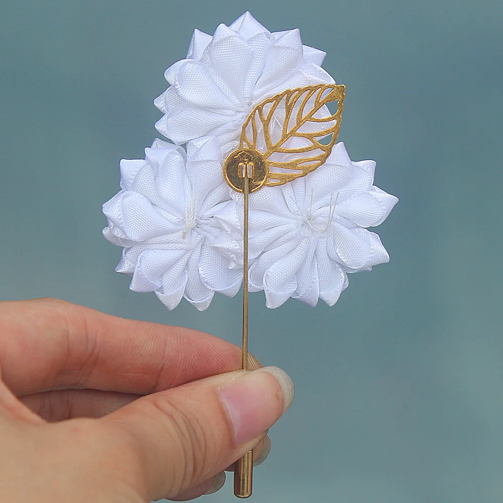Чистые белые атласные цветы свадебная корсажная булавка с золотыми листьями и