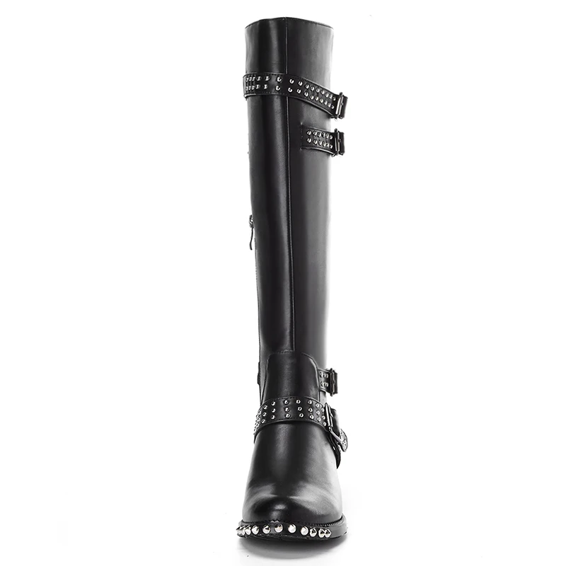 Женские зимние сапоги до колена из натуральной кожи с заклепками|knee high boots|high